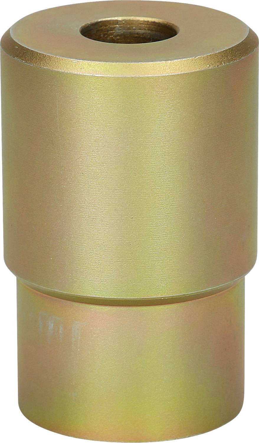 Metallzylinder mit vertieftem Loch oben, goldfarbenes Finish, steht vertikal.