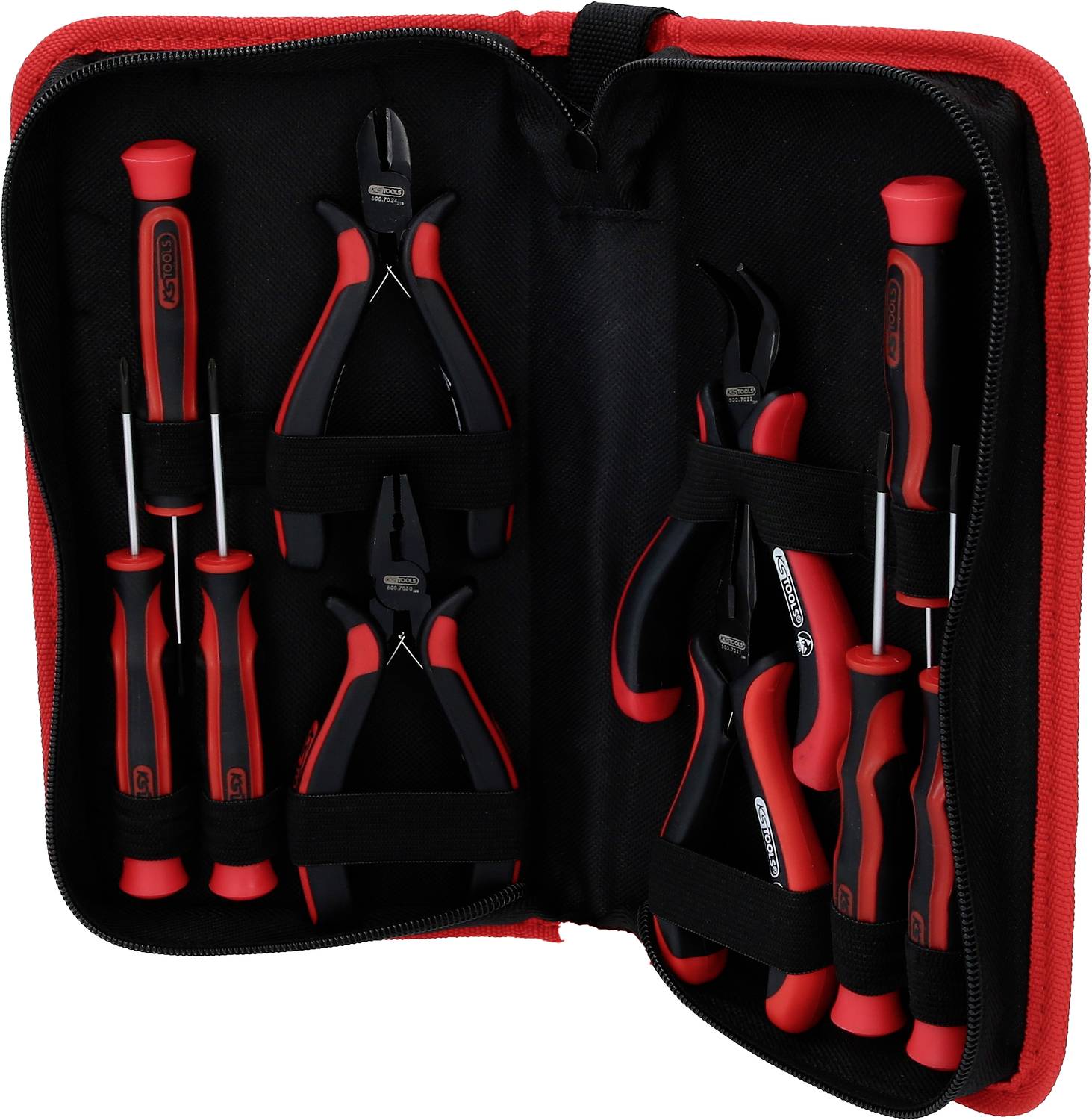 Werkzeugset in einer schwarzen und roten Tasche, bestehend aus Schraubendrehern, Spitzzangen und anderen Handwerkzeugen.