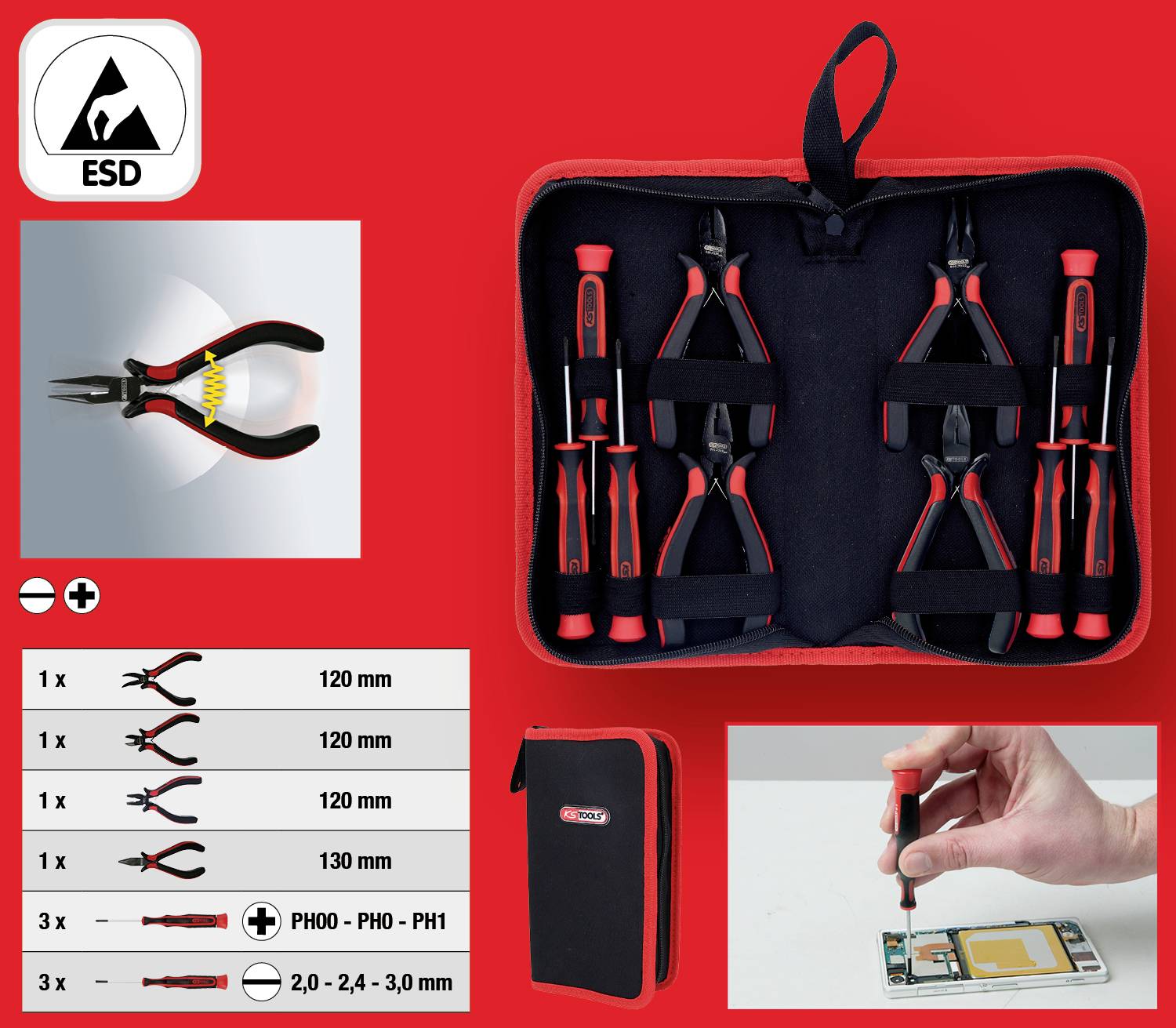 Set mit ESD-Schraubendreher und Zangen in rotem Etui. Enthält Schraubendreher und Zangen in verschiedenen Größen. Ideal für Elektronikreparaturen.