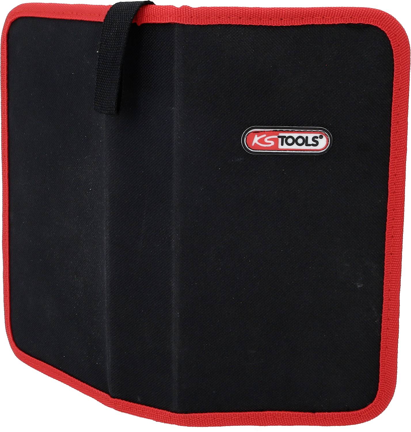 Schwarze Tasche mit rotem Rand und 'KS Tools'-Logo, geöffnet, mit Riemen zum Verschließen.