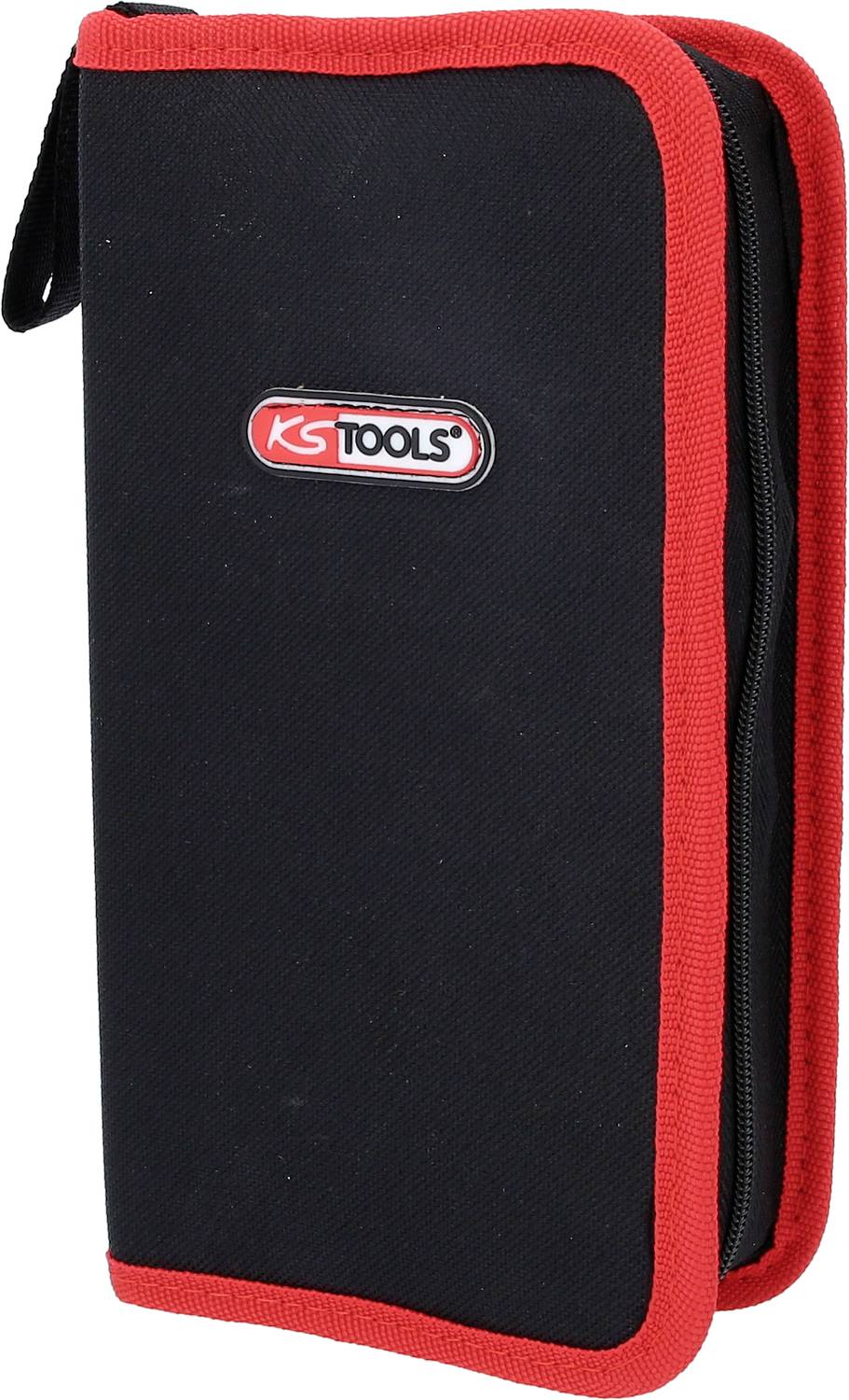 Eine schwarze Werkzeugtasche mit rotem Rand und einem 'KS Tools' Logo in der Mitte. Sie ist geschlossen und wird aufrecht gezeigt.