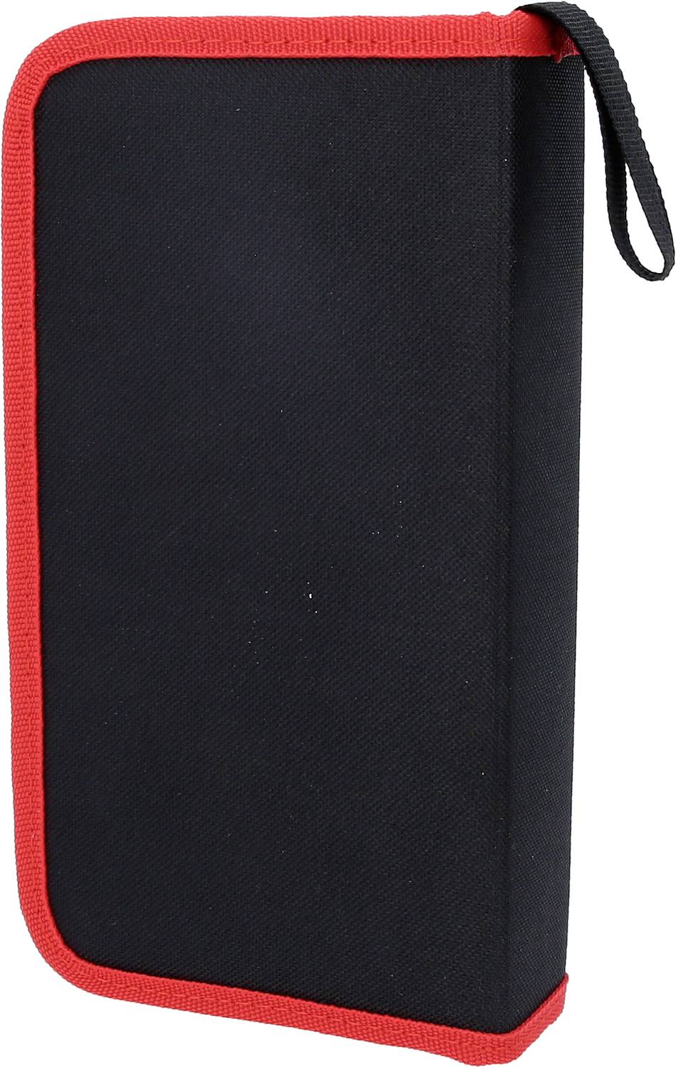 Schwarzes Etui mit rotem Rand und Reißverschlusslasche, aufrecht stehend.