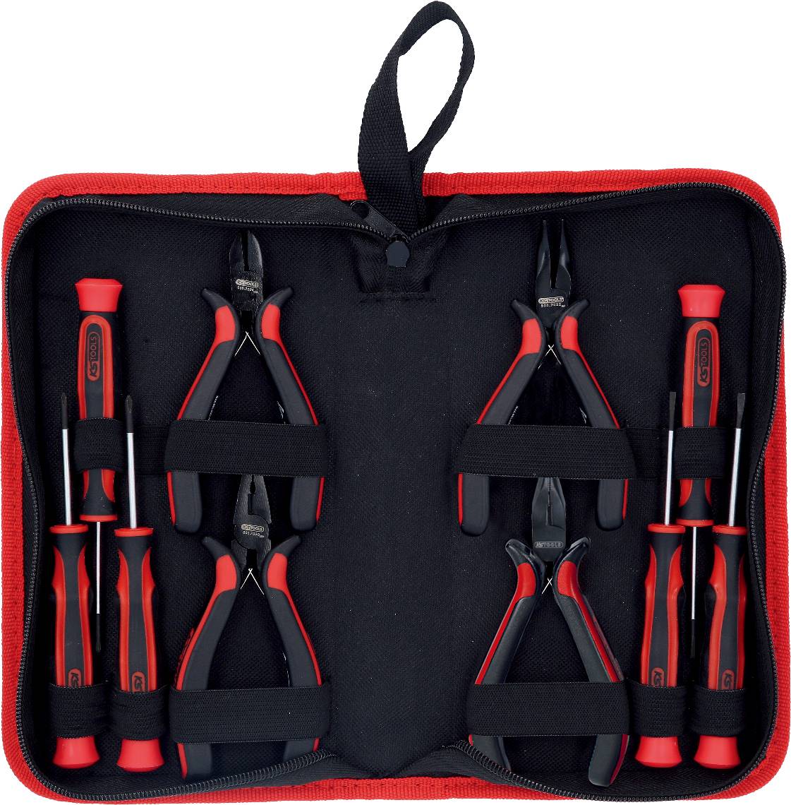 Ein Set von sechs roten und schwarzen Zangen in einem offenen Etui mit elastischen Halterungen.