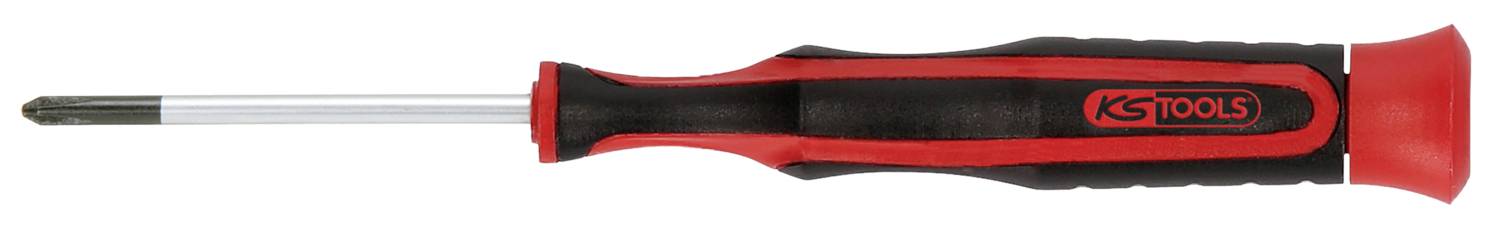 Ein Kreuzschlitzschraubendreher mit schwarzem und rotem ergonomischem Griff, geeignet für präzise Arbeiten an Schrauben.