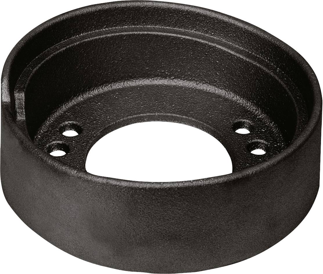 Schwarzer, runder Metallflansch mit vier Löchern, möglicherweise für Befestigungszwecke in mechanischen oder bautechnischen Anwendungen.