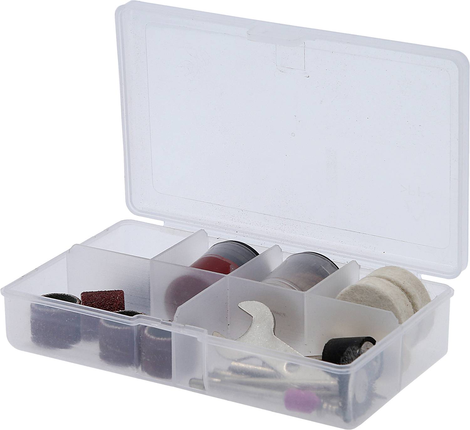 Ein transparenter Werkzeugkasten mit mehreren kleinen Fächern enthält verschiedene Schleif- und Polierzubehörteile.