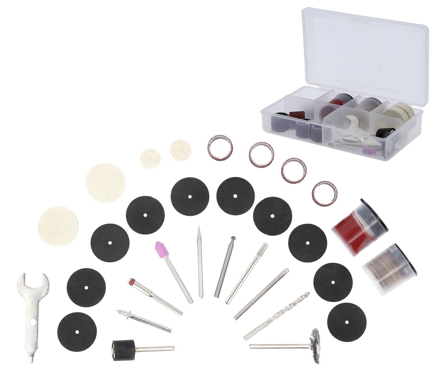 Ein Set von Bohr- und Schleifzubehör, darunter Filzpads, Schleifscheiben, Fräser, Schleifköpfe, und ein Miniwerkzeugkasten.