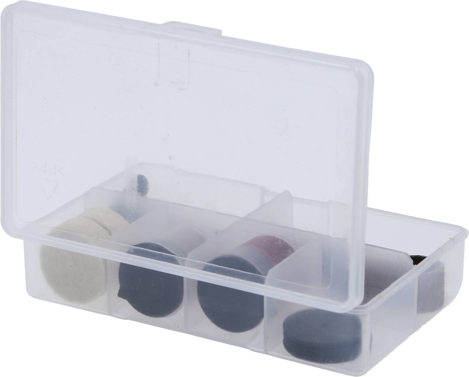 Eine durchsichtige Kunststoffbox mit verschiedenen runden Filzgleitern in mehreren Fächern. Deckel ist geöffnet.