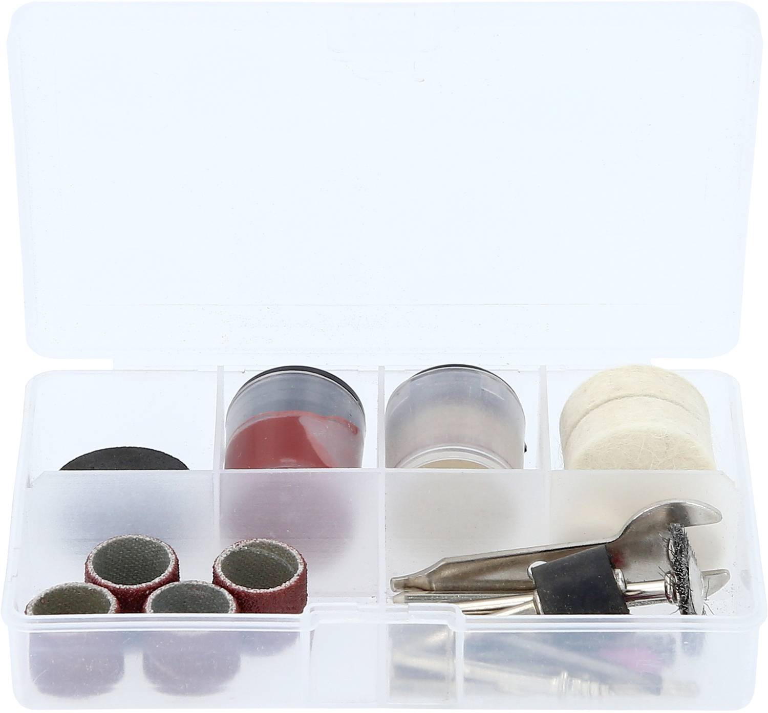 Eine geöffnete transparente Box mit Schleifaufsätzen und Bohrwerkzeugen in verschiedenen Größen und Formen, aufgeteilt in Fächer.