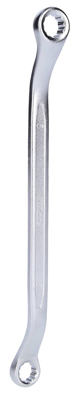 Ein verchromter Ringschlüssel, gebogen mit zwei offenen Enden, auf weißem Hintergrund. Hauptwerkzeug für mechanische Arbeiten.