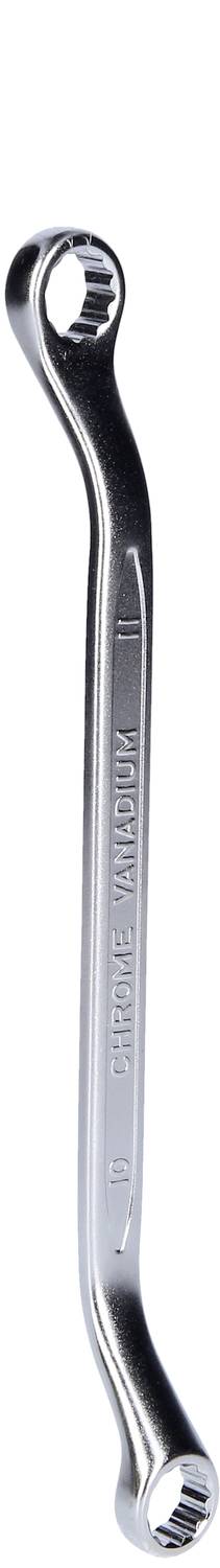 Ein silberner, gebogener Ringschlüssel aus Chrom-Vanadium-Stahl, links offen, für Reparatur- und Wartungsarbeiten geeignet.