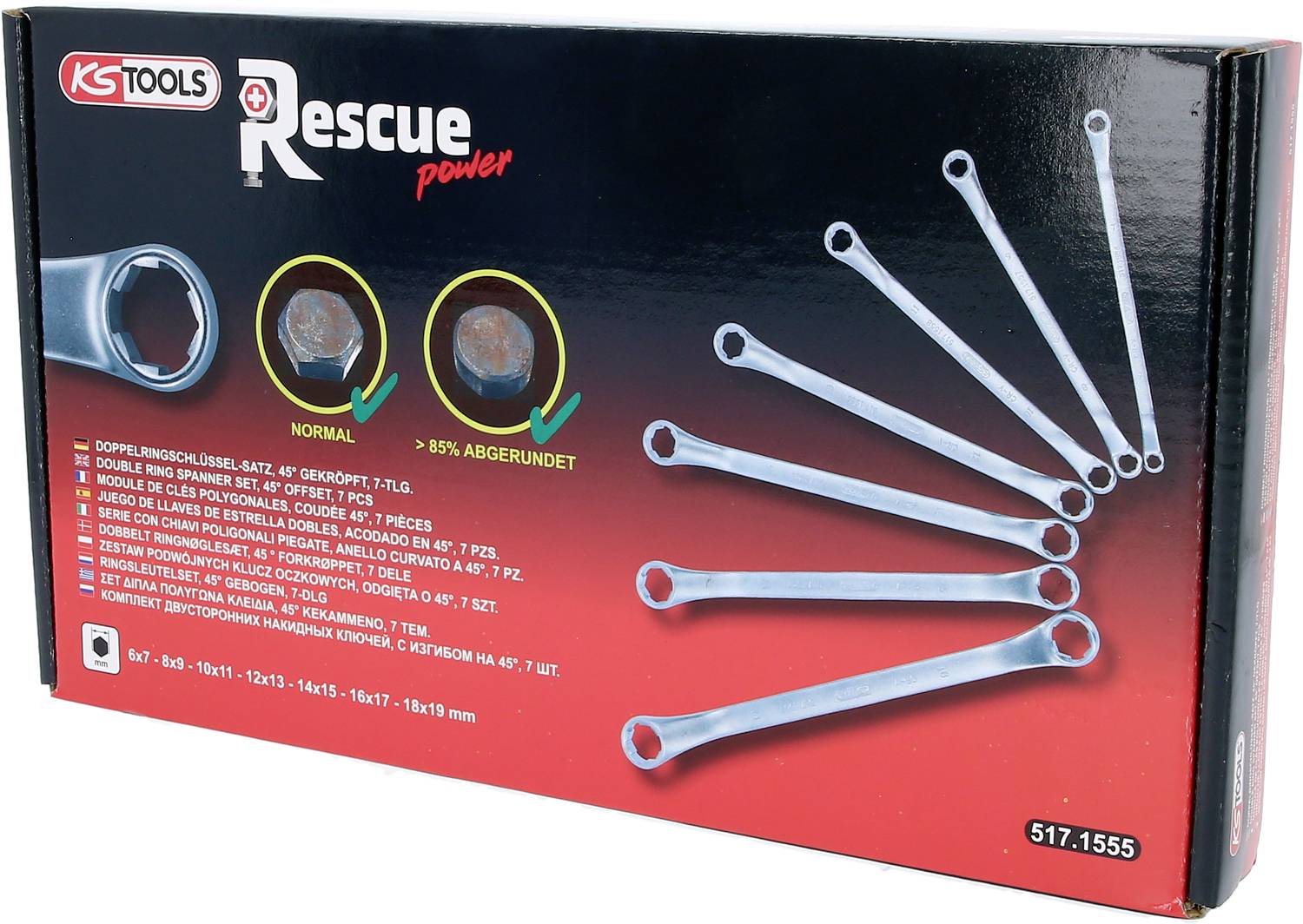 'KS Tools', 'Rescue Power' Schraubenschlüssel-Set im Karton. Bild zeigt wachsende Größen von Maulschlüsseln. Text beschreibt Funktion.