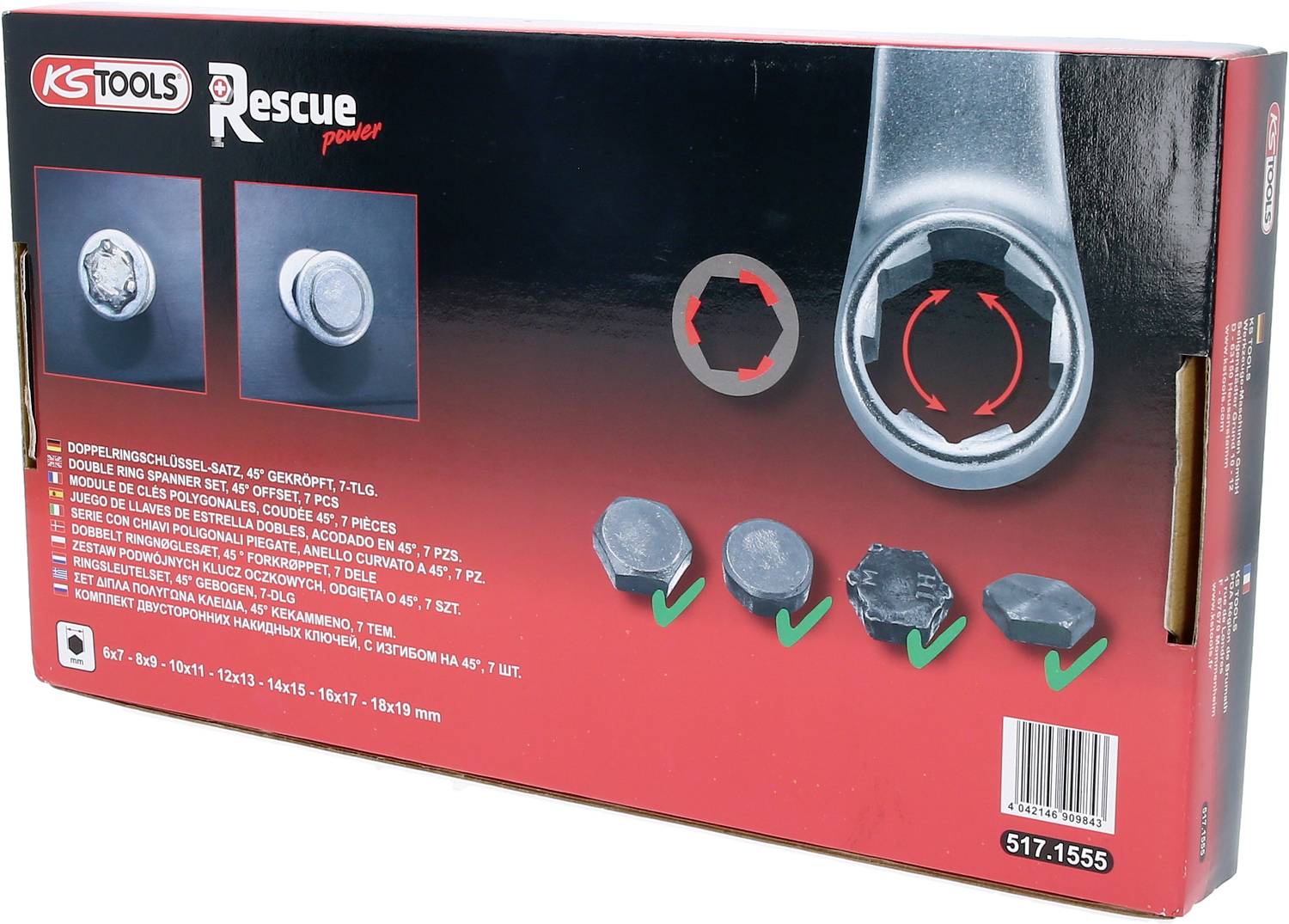 'KS Tools Rescue Power'-Verpackung zeigt Ringmaulschlüssel, mit Prozess der Schraubenentfernung. Anleitungen und Diagramme enthalten.