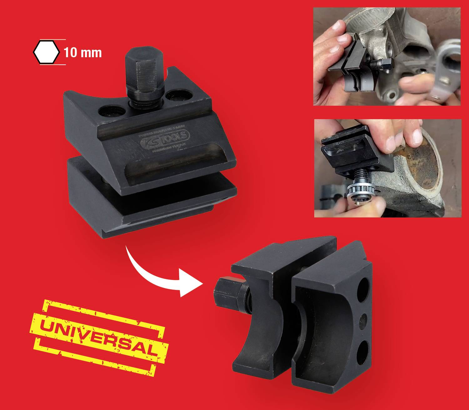 'Universal' Bremssattel Trenn- und Entriegelungswerkzeug auf rotem Hintergrund, zeigt Werkzeuganwendung an zwei Bremszangen.