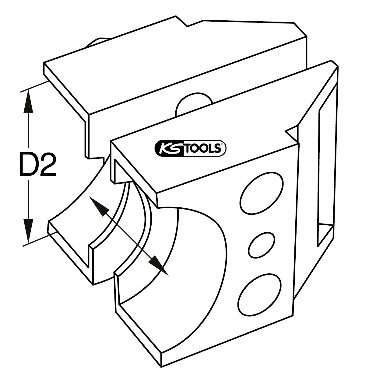 Schraubstockbacken mit V-Aussparung und Maßangabe D2, geeignet für runde Werkstücke, illustriert mit Logo 'KS Tools'.