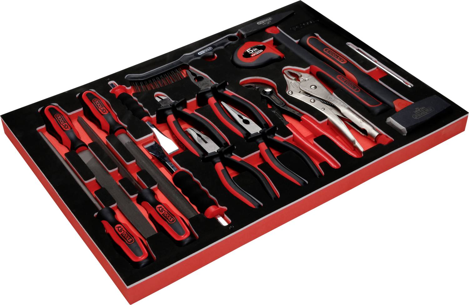 Satz präziser Handwerkzeuge mit roten Griffen, einschließlich Schraubendreher, Zangen und Messer, in Schaumstoffeinlage organisiert.