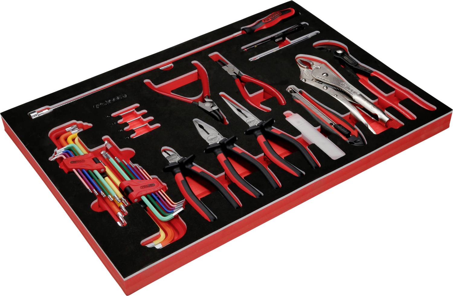 Ein Werkzeugsatz in einer gepolsterten Box enthält Zangen, Schraubenschlüssel und Inbusschlüssel, alle in einem geordneten Layout.