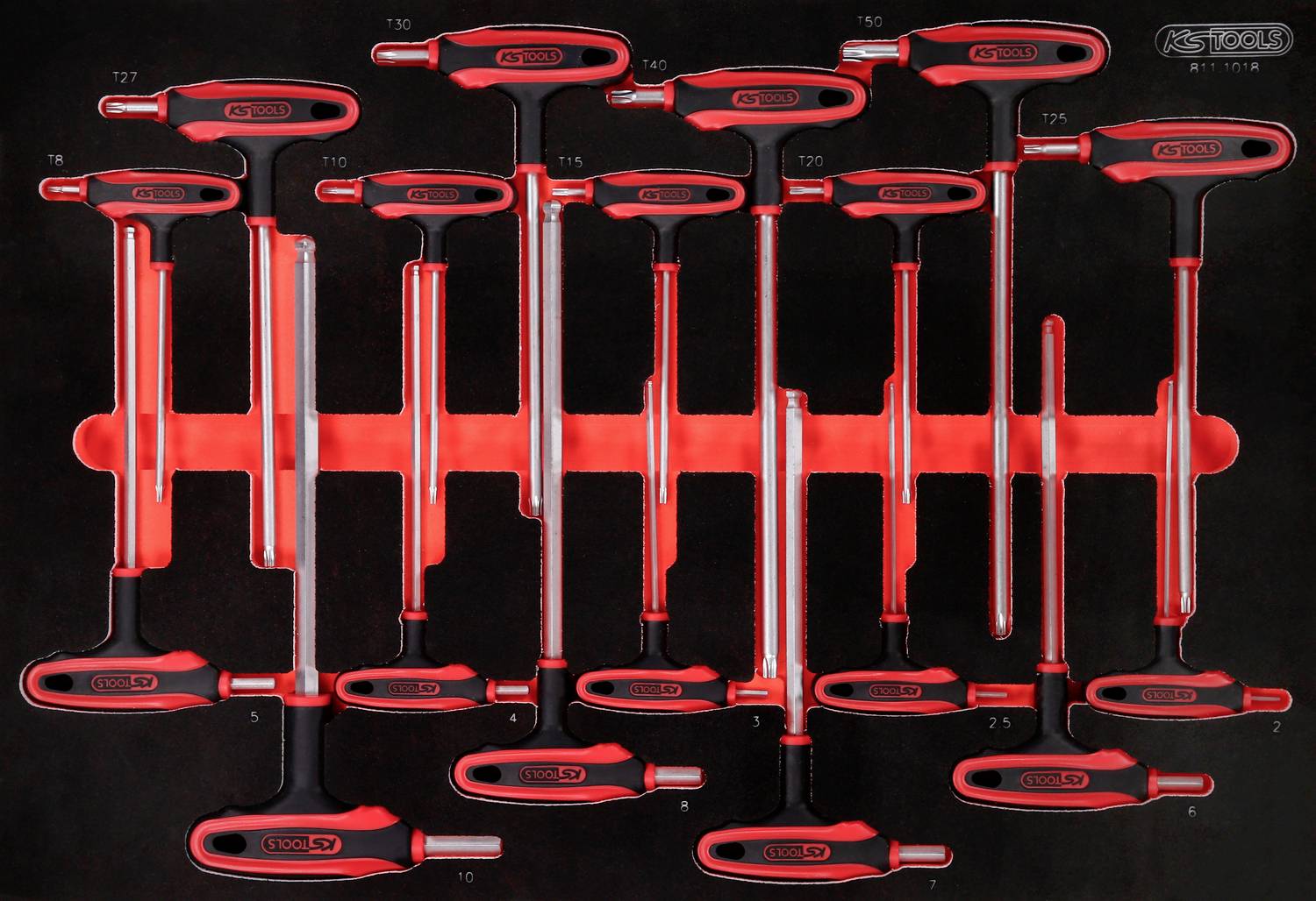 Ein Satz Torx-Schraubendreher in verschiedenen Größen auf einem schwarzen Hintergrund, angeordnet in einer roten Halterung.