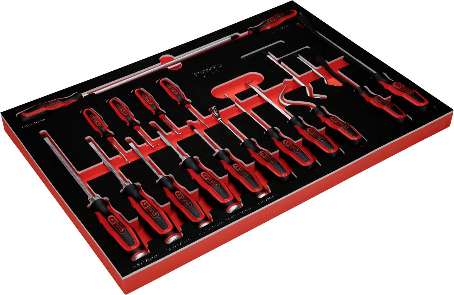 Satz roter Schraubendreher in Schaumstoffeinlage. Verschiedene Größen und Typen, ordentlich angeordnet in einer rechteckigen Box.