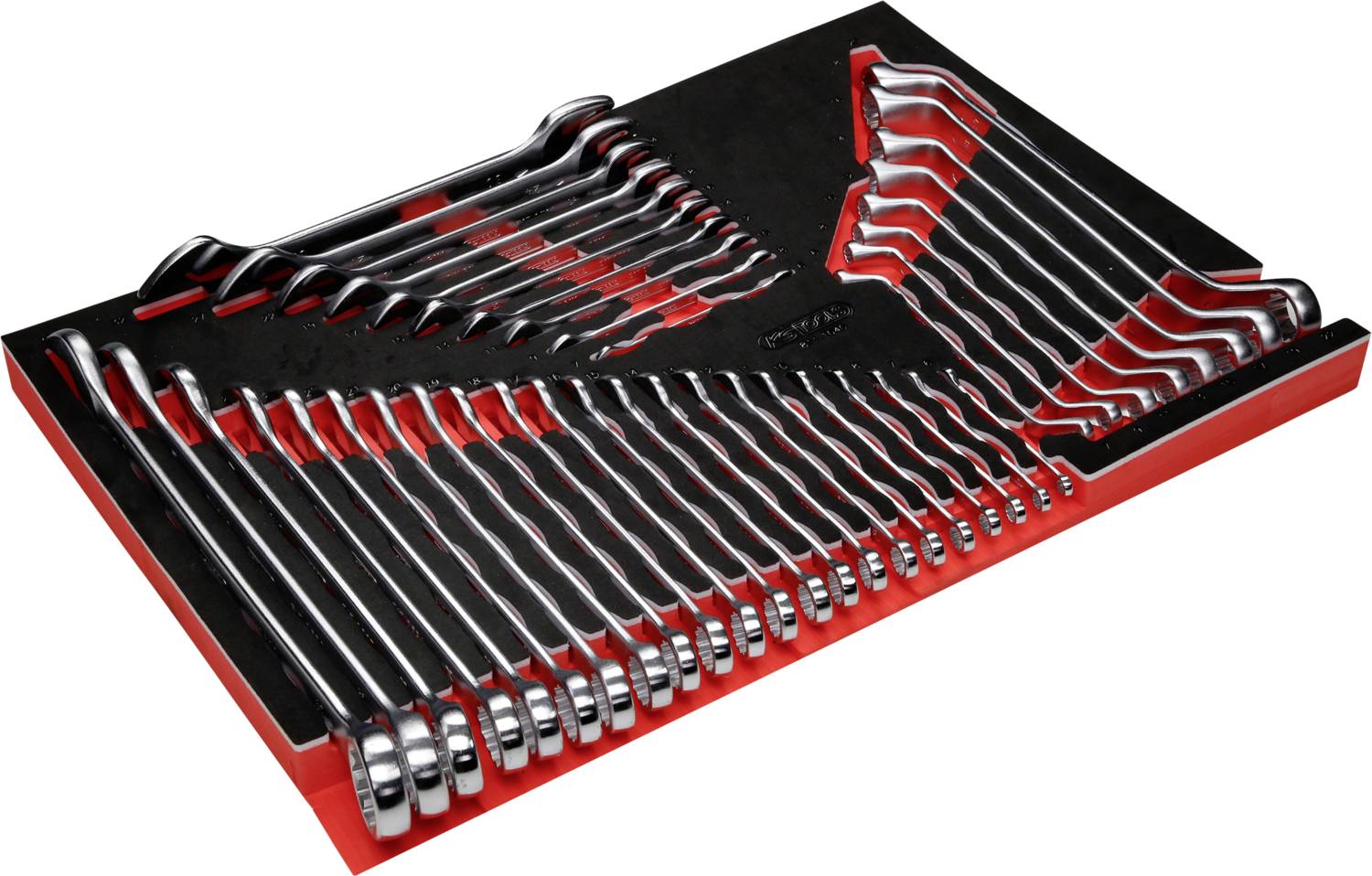 Ein Set von Gabelschlüsseln in verschiedenen Größen, geordnet in einem rot-schwarzen Kunststoffhalter, der zur Werkstattorganisation dient.