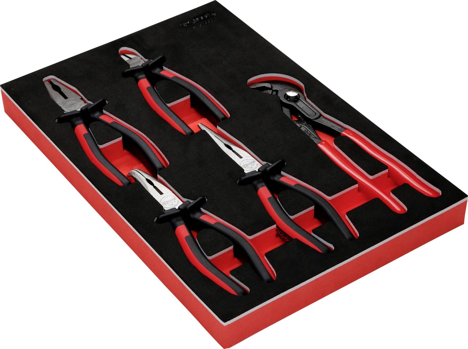 Vier verschiedene Zangen in einem roten Werkzeughalter, jede in einer eigenen Aussparung sicher eingepasst.