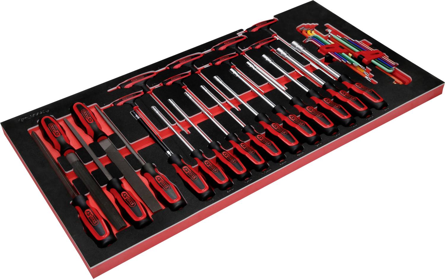 Ein Werkzeug-Set bestehend aus roten und schwarzen Schraubendrehern, Inbusschlüsseln und Zangen, ordentlich in einem Kasten angeordnet.
