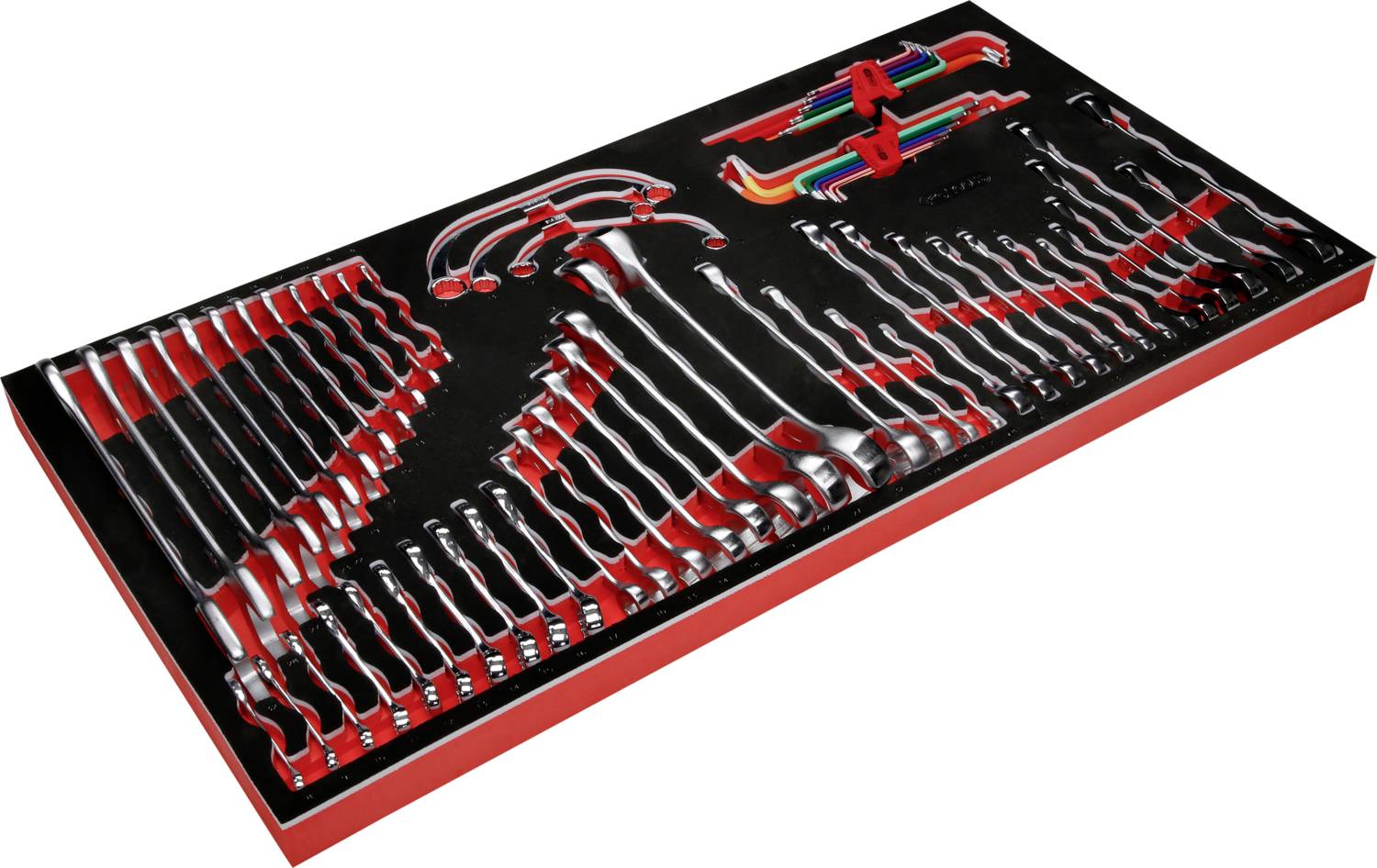 Werkzeugkasten mit sortierten Schraubenschlüsseln und Inbusschlüsseln in verschiedenen Größen, sauber organisiert in einer Schaumstoffeinlage.