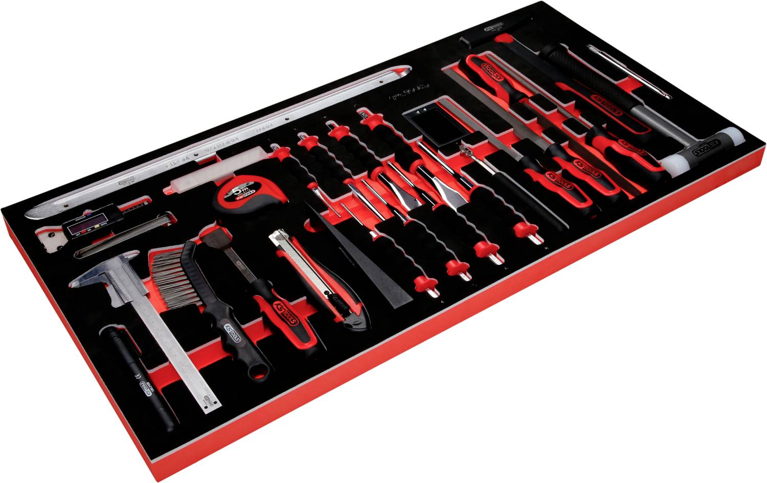 Werkzeugkasten mit verschiedenen Handwerkzeugen, darunter Schraubenzieher, Hammer, Zangen und Maßband, in geordnetem Layout.