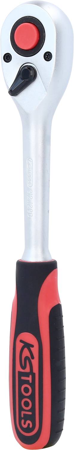 Eine silberne Ratsche mit schwarz-rotem Griff, ausgelegt für manuelle Werkzeuganwendungen, ideal für Schraubarbeiten.