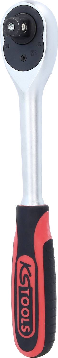 Ratsche mit ergonomischem Griff, silberner Schaft und schwarz-rotem Griffdesign. Geeignet für mechanische Arbeiten.