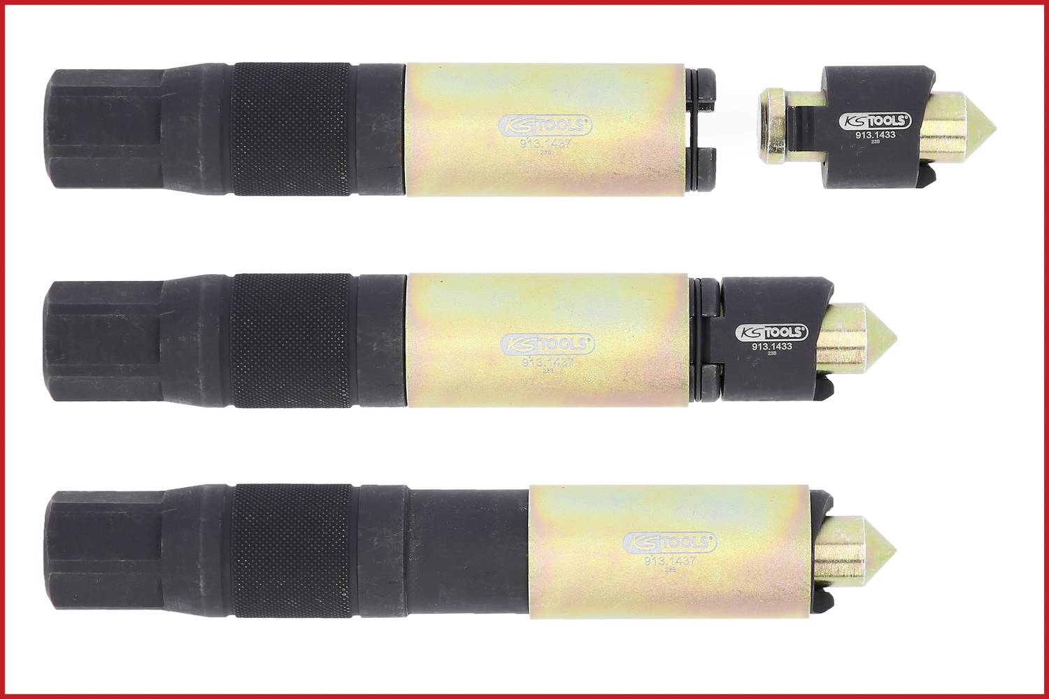 Drei schwarze Metallwerkzeuge mit wechselbaren Köpfen, die linear angeordnet sind; Markenname auf goldener Oberfläche sichtbar.