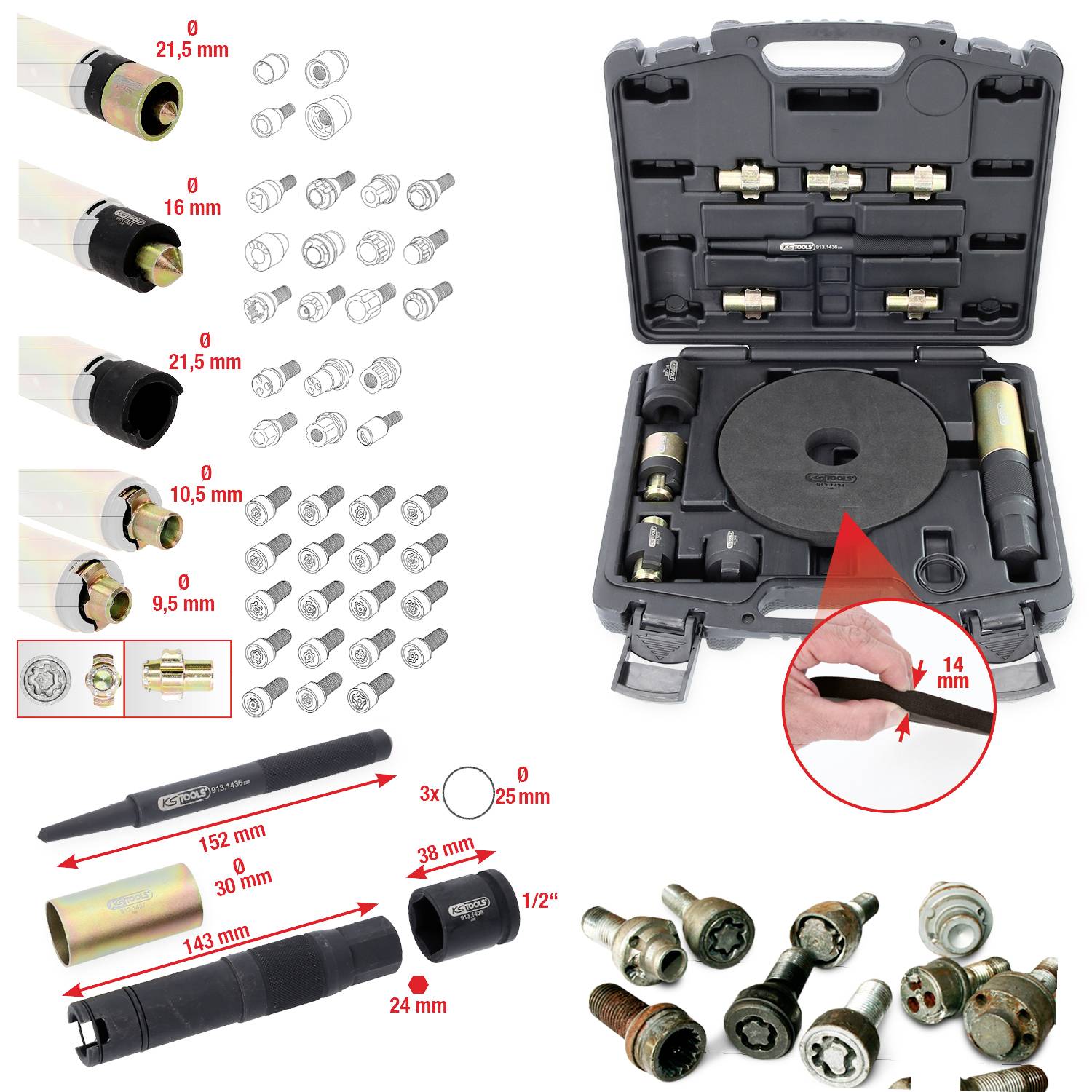 Ein Werkzeugkoffer mit verschiedenen Düsen und Adaptern zur Reifenmontage, einschließlich Abmessungen und Nahaufnahme eines Adapters.