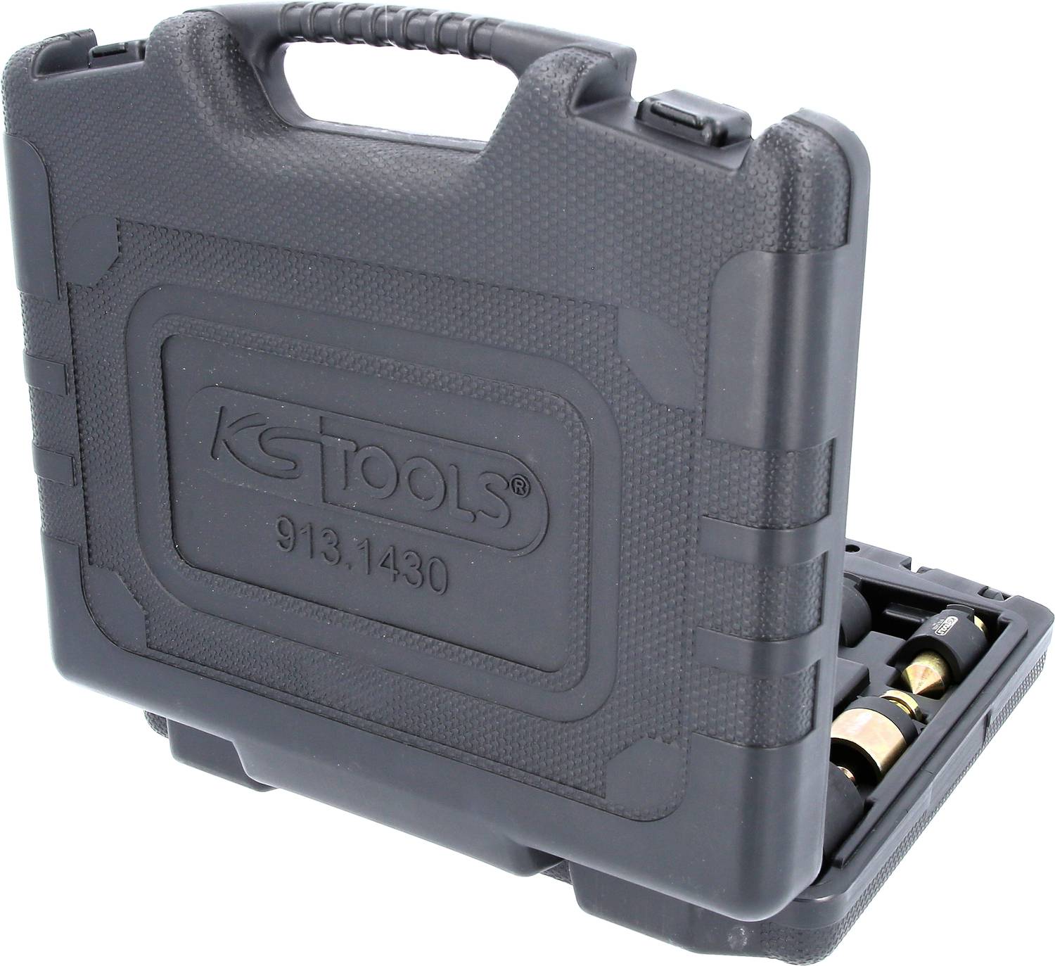 Schwarzer Werkzeugkoffer mit dem Logo 'KS Tools' und der Nummer '913.1430'. Ein Teil der Werkzeuge ist geöffnet und sichtbar.