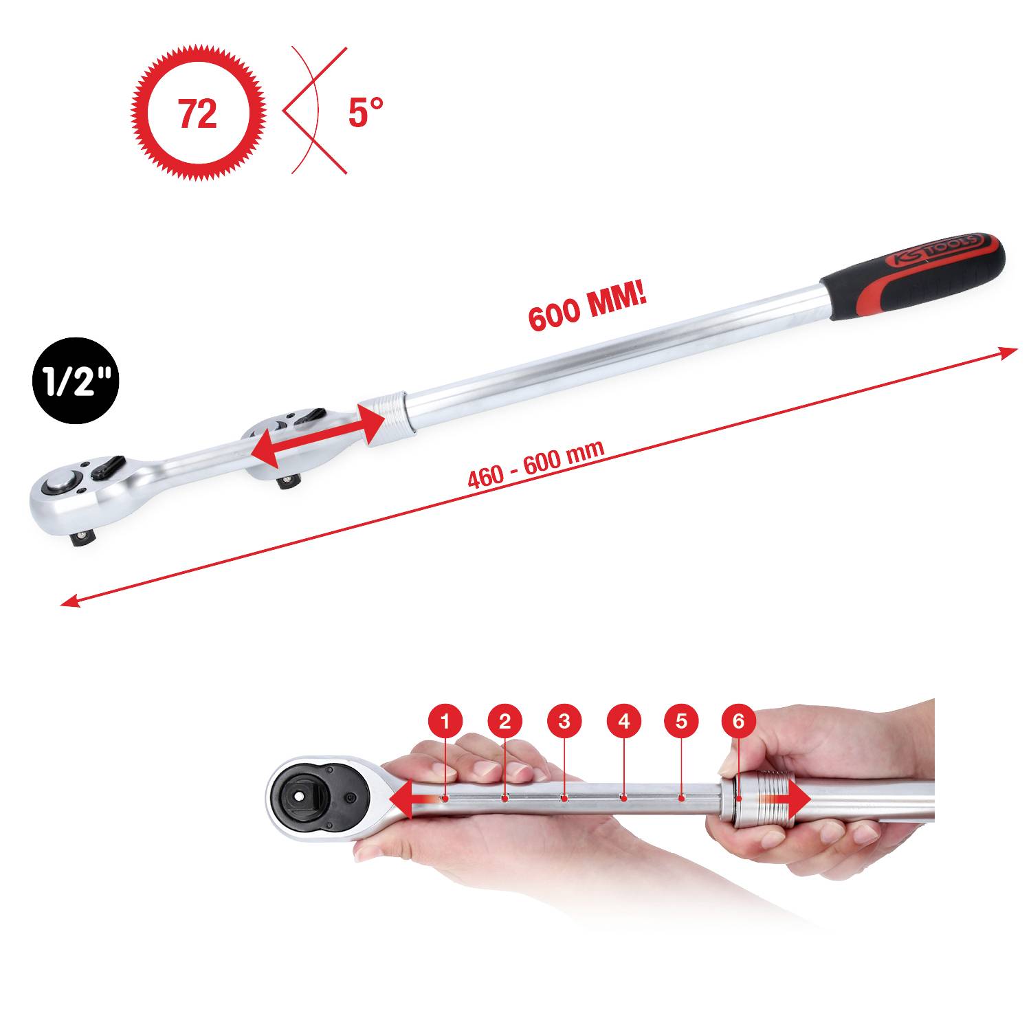 Umschaltknarre, Länge 600 mm, verstellbar von 460-600 mm, Kopf mit 72 Zähnen, Umschaltknopf für Richtungswechsel, ergonomischer Griff.