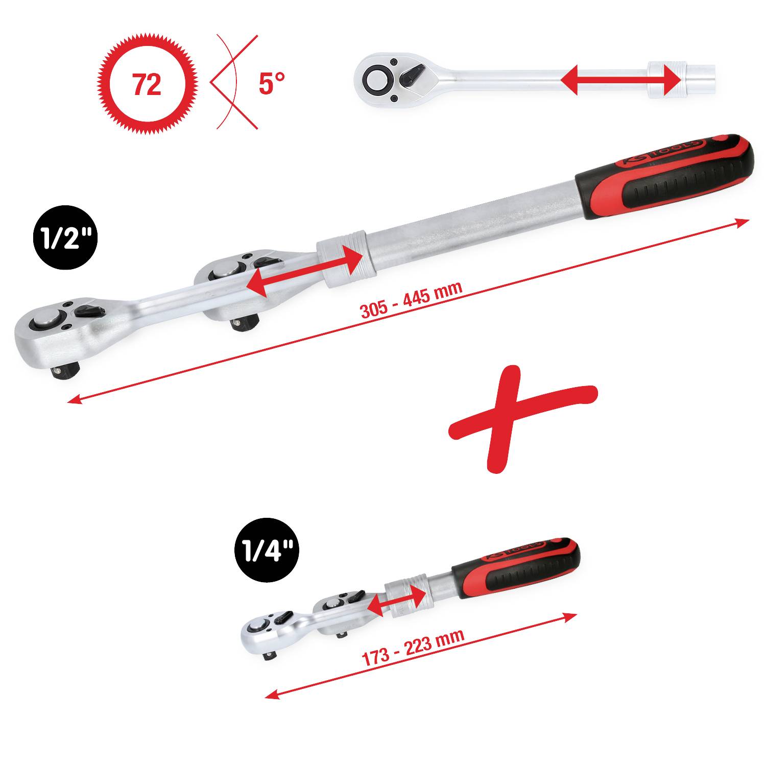 Zwei umschaltbare Ratschen mit vervielfältigter Länge, 72 Zähne, 5° Rückschwenkwinkel, Größen 1/2 Zoll (305-445 mm) und 1/4 Zoll (173-223 mm).