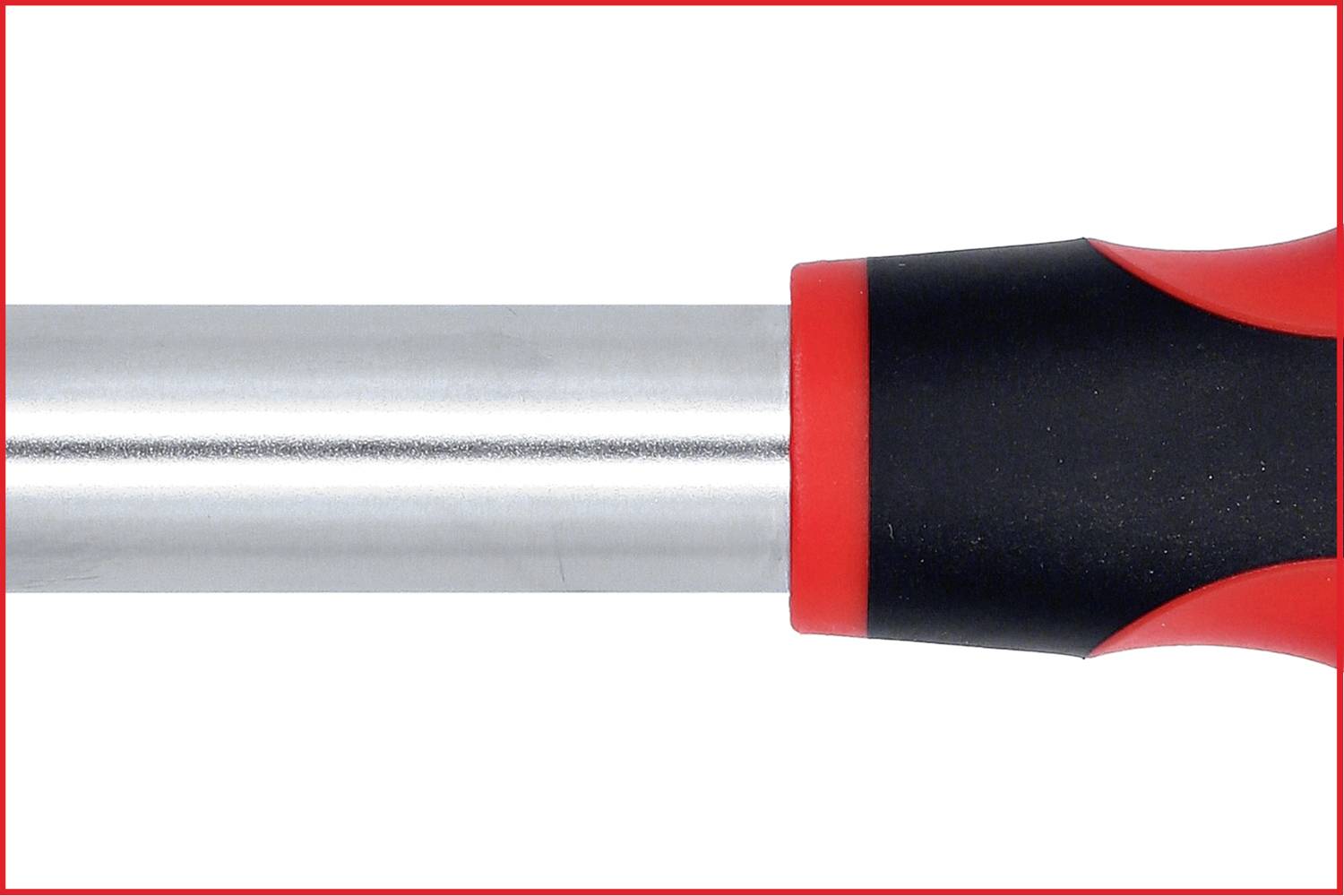 Ein Schraubendreher mit silbernem Schaft und schwarz-rotem Griff. Die Farben heben sich deutlich voneinander ab.