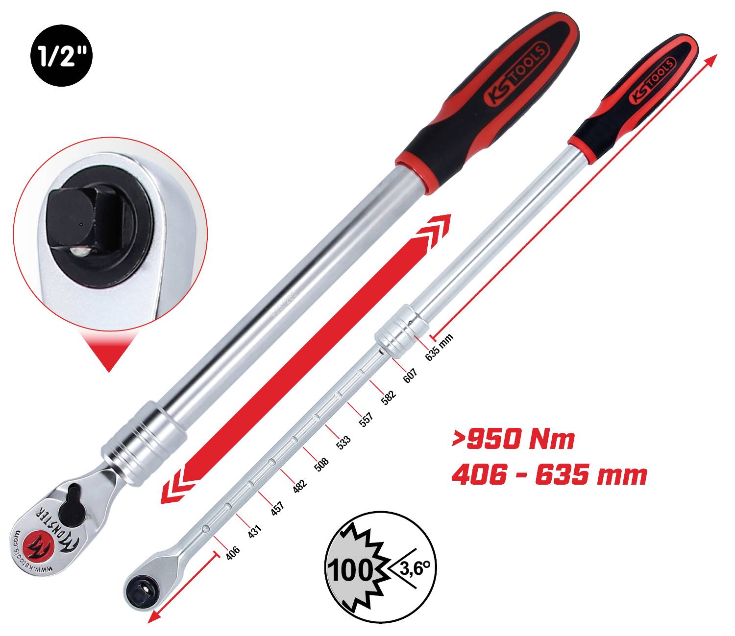 Verstellbarer Drehmomentschlüssel mit ergonomischem Griff, Messbereich 406-635 mm und Drehmoment über 950 Nm, Teilgröße 1/2 Zoll.