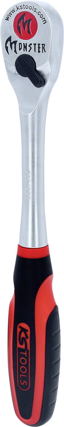 Ratsche mit ergonomischem Griff, silbernem Kopf mit der Aufschrift 'Monster', rot-schwarzem Griff, geeignet für mechanische Arbeiten.