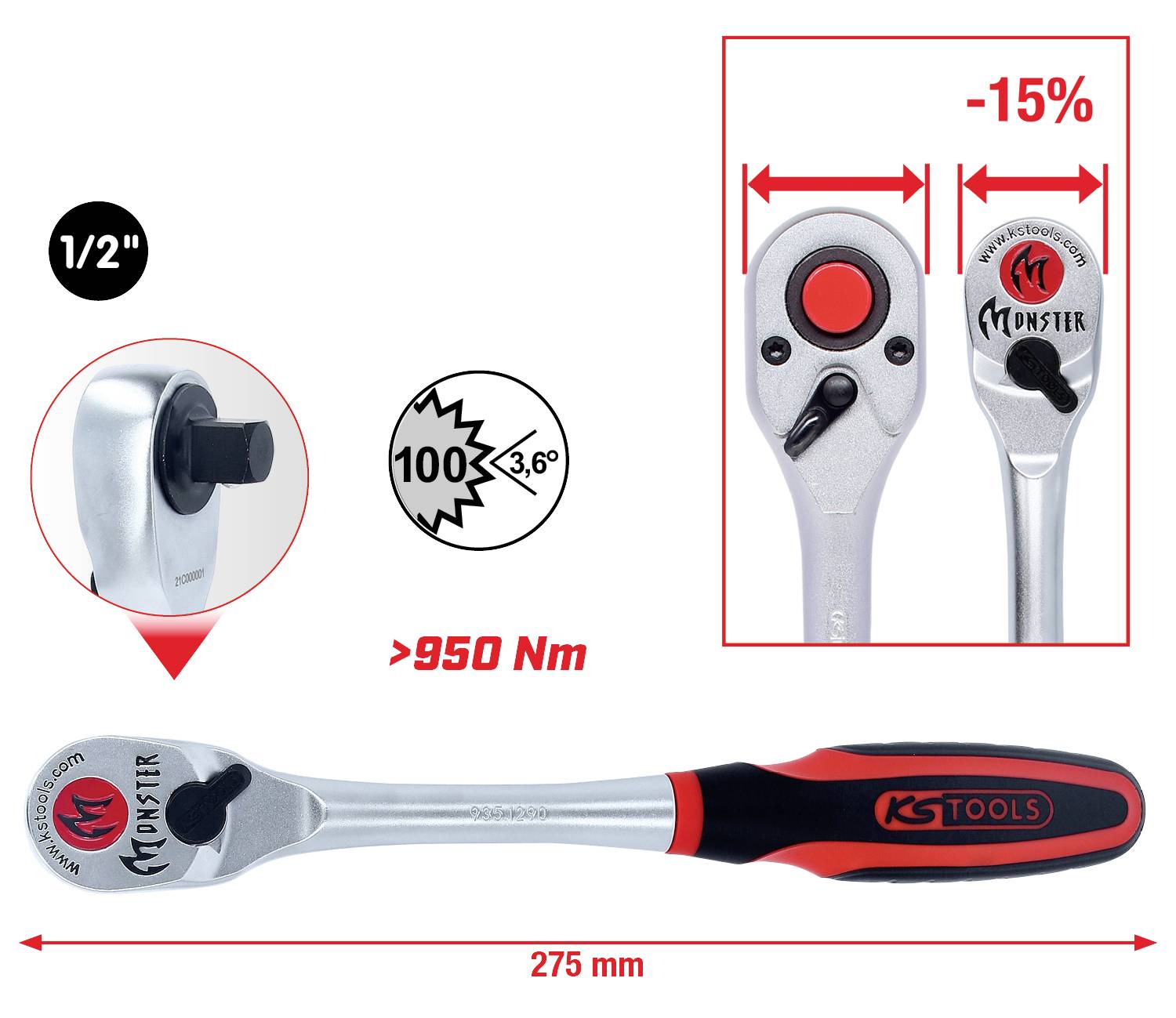Knarrenschlüssel, Länge 275 mm, Drehmoment über 950 Nm, mit 1/2 Zoll-Antrieb. 15 % kompakteres Design, 100 Zähne, 3,6° Rückholwinkel.