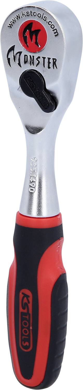 Ratsche mit ergonomischem Griff, silbern und schwarz-rot, Markenlogo 'KS Tools Monster' oben auf dem Kopf sichtbar.