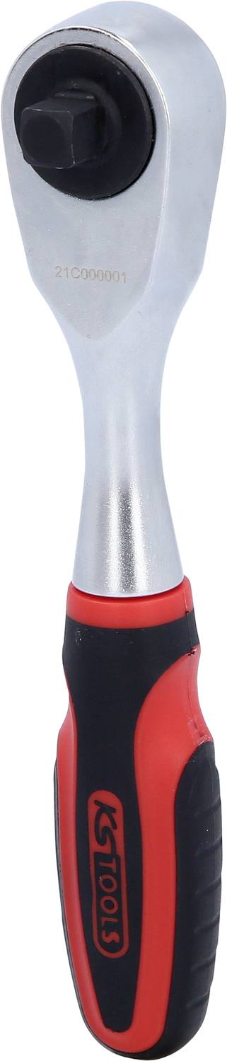 Ein drehbarer Steckschlüssel mit einem roten und schwarzen Griff. Das Werkzeug hat einen verstellbaren Kopf, um Schrauben anzuziehen oder zu lösen.