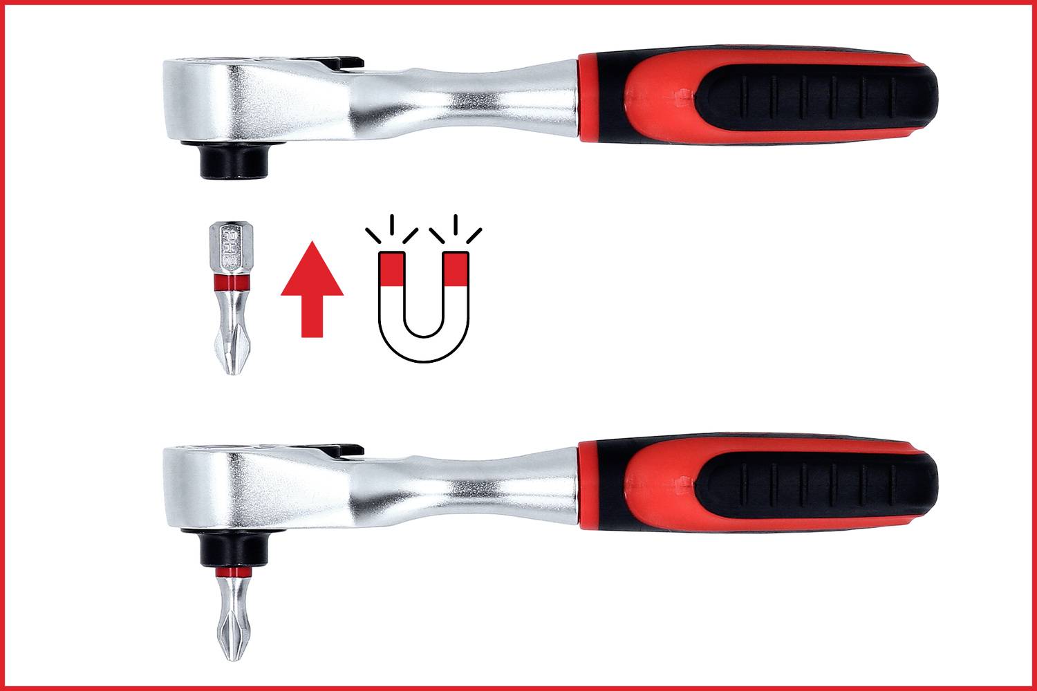 Zwei Ratschenschlüssel mit magnetischer Halterung, oben ohne Bit, unten mit eingesetztem Bit. Magnet-Piktogramm zeigt Befestigung.