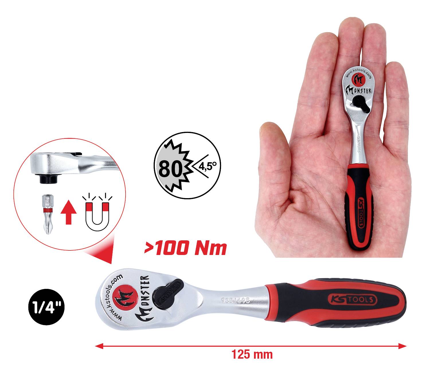 Hand hält eine kleine Ratsche mit 125 mm Länge. Symbol zeigt '80 Zähne mit 4,5°'. Hebel gibt Drehmoment von über 100 Nm an. Magnetfunktion dargestellt.
