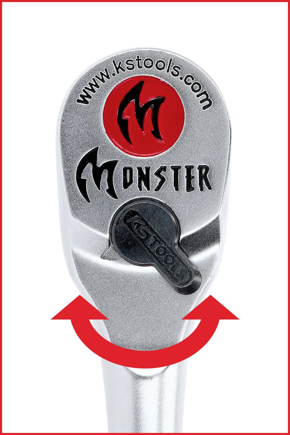 Eine silberne Ratsche von 'Monster' und 'KSTools', zeigt einen roten Pfeil, der eine Drehbewegung andeutet.