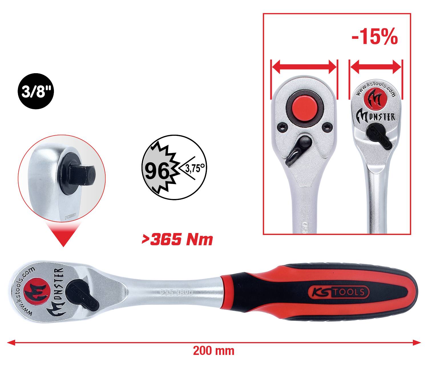 Eine Ratsche mit rotem und schwarzem Griff, 3/8 Zoll Größe, maximale Drehkraft von über 365 Nm, Länge 200 mm. Rabatt von -15% angezeigt.