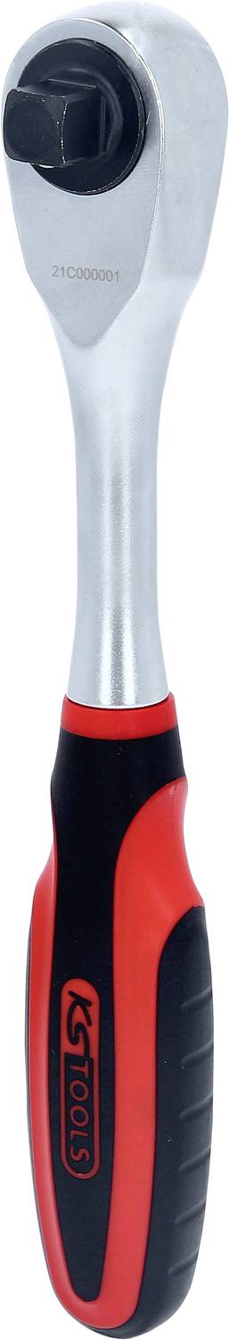 Ein silberner Knarrenschlüssel mit einem ergonomischen rot-schwarzen Griff, geeignet zum Anziehen oder Lösen von Schrauben und Muttern.