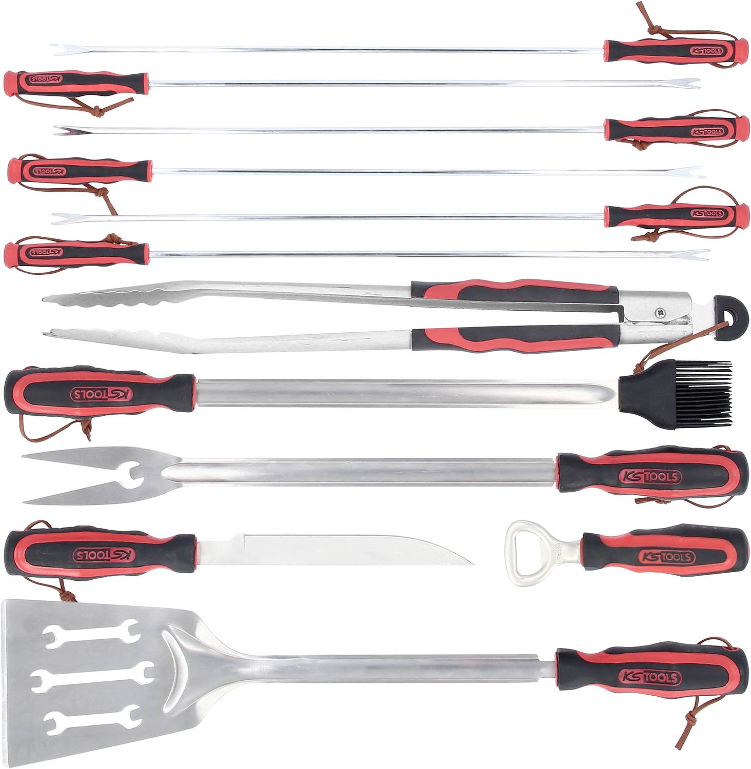 Grillbesteck-Set mit verschiedenen Utensilien: Zangen, Spieße, Messer, Pinsel, Flaschenöffner und Wender, alle mit roten Griffen.