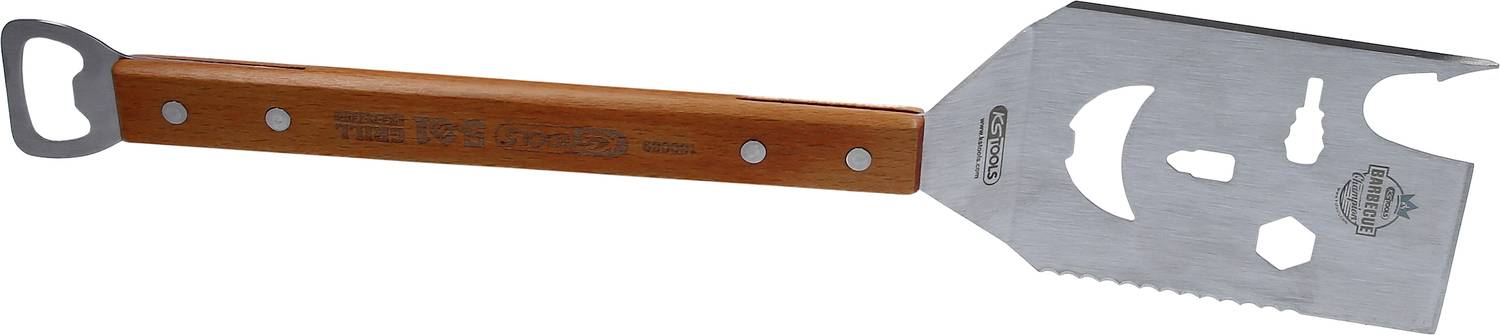 Flaschenöffner mit langem Holzgriff und metallischem Kopf, der verschiedene Öffnerformen und eine gezackte Kante hat.