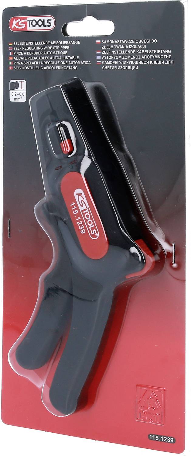 Zange in Plastikverpackung von KS Tools, Modell 115.1239, rot-schwarz, geeignet für Einweg-Abziehschellen, auf grauem Hintergrund.