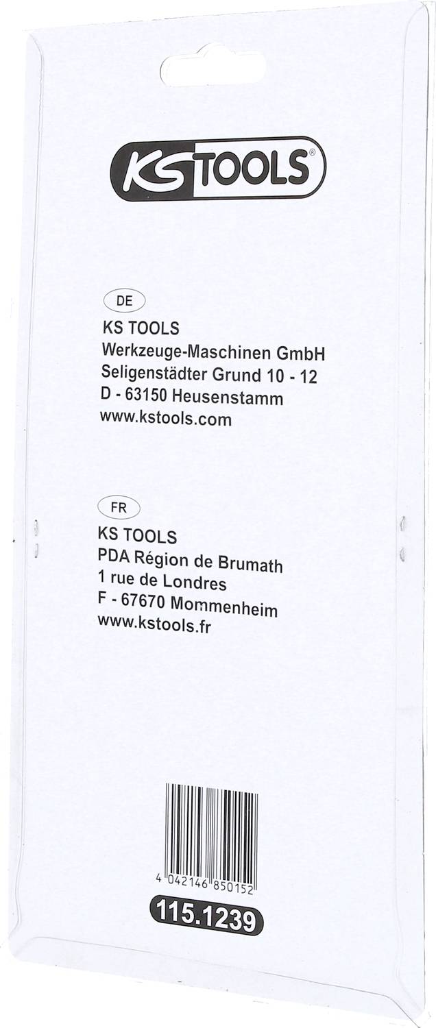Rückseite einer Verpackung von KS TOOLS mit Adressen der deutschen und französischen Standorte. Artikelnummer '115.1239' ist sichtbar.